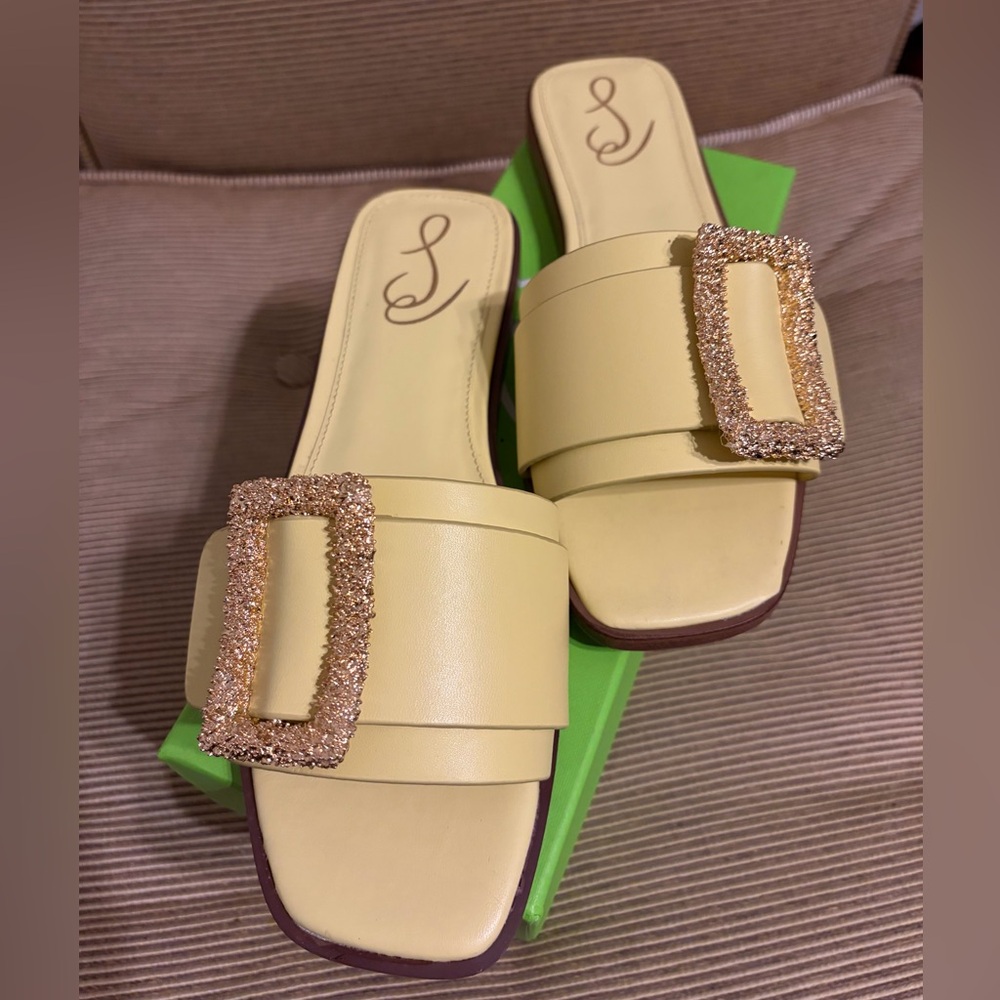 🔥NWT Sam Edelman Inez Squared Toe Buckle Detail Slip On Slides/Sandals - Size 7